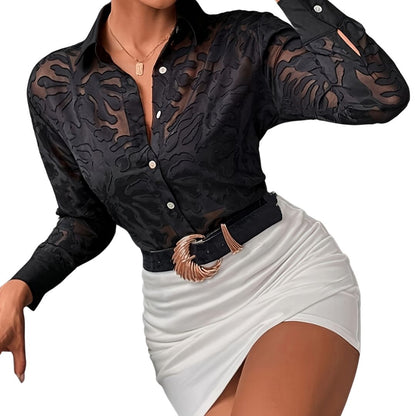 Blusa Elegante de Encaje Transparente - Manga Larga y Cuello Solapa