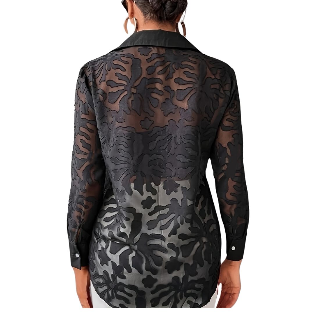 Blusa Elegante de Encaje Transparente - Manga Larga y Cuello Solapa