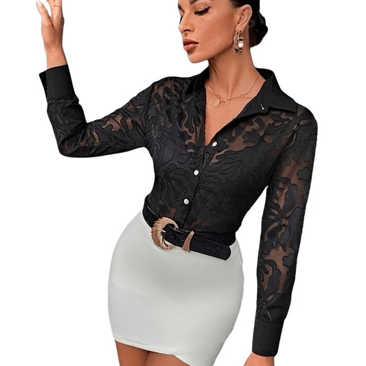 Blusa Elegante de Encaje Transparente - Manga Larga y Cuello Solapa